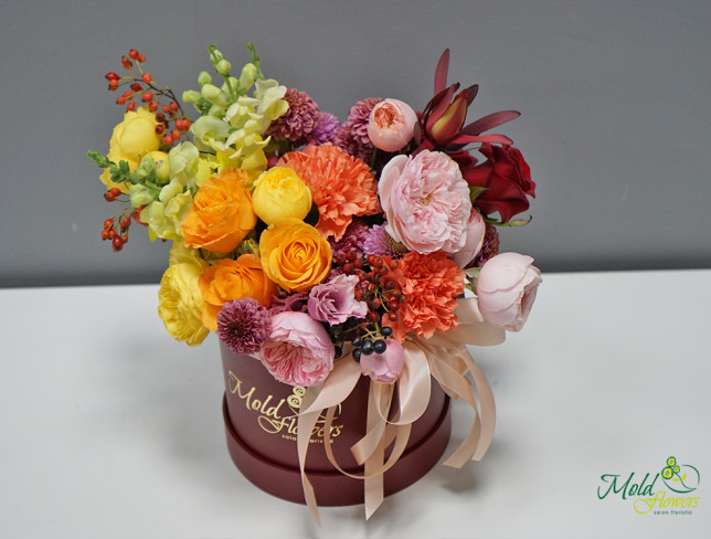 Burgundy Box with Yellow and Pink Roses photo